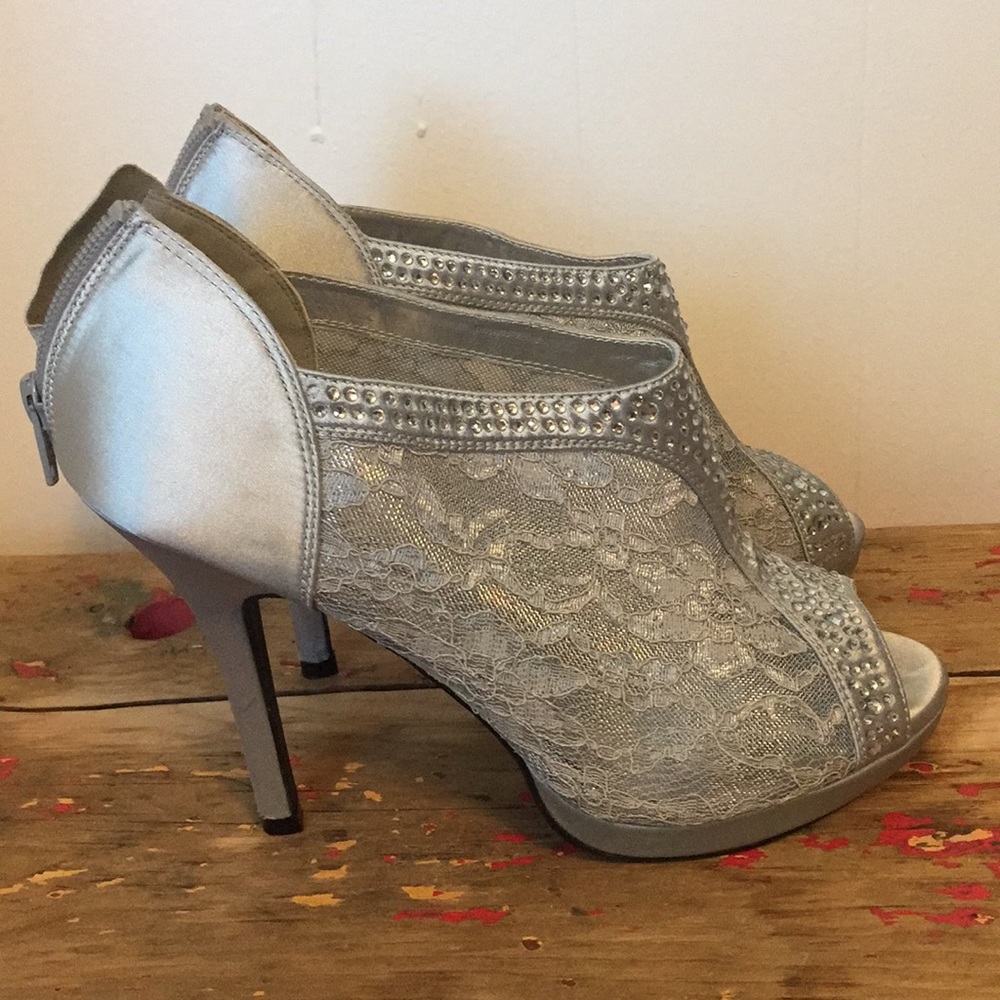 Silver rhinestone peep toe heels